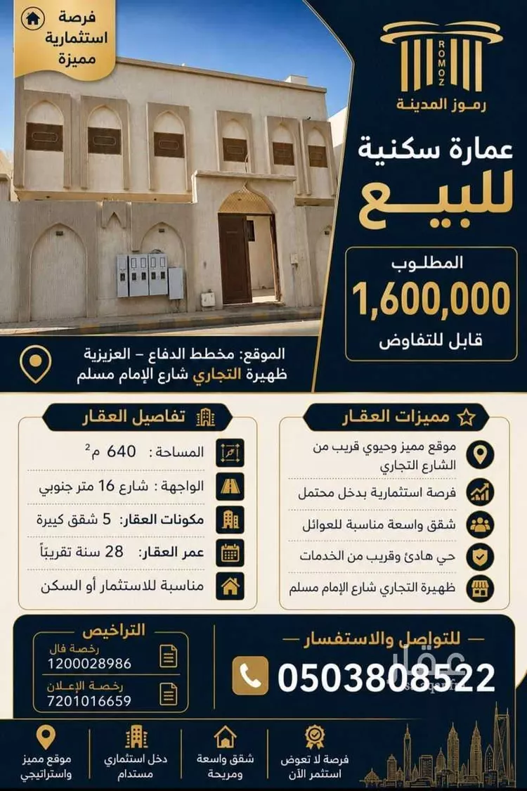 عمارة للبيع في شارع عمر الرياحي, حي الدفاع, مدينة المدينة المنورة, منطقة المدينة المنورة