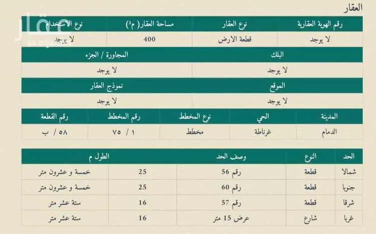 أرض للبيع في حي غرناطة, مدينة الدمام, المنطقة الشرقية