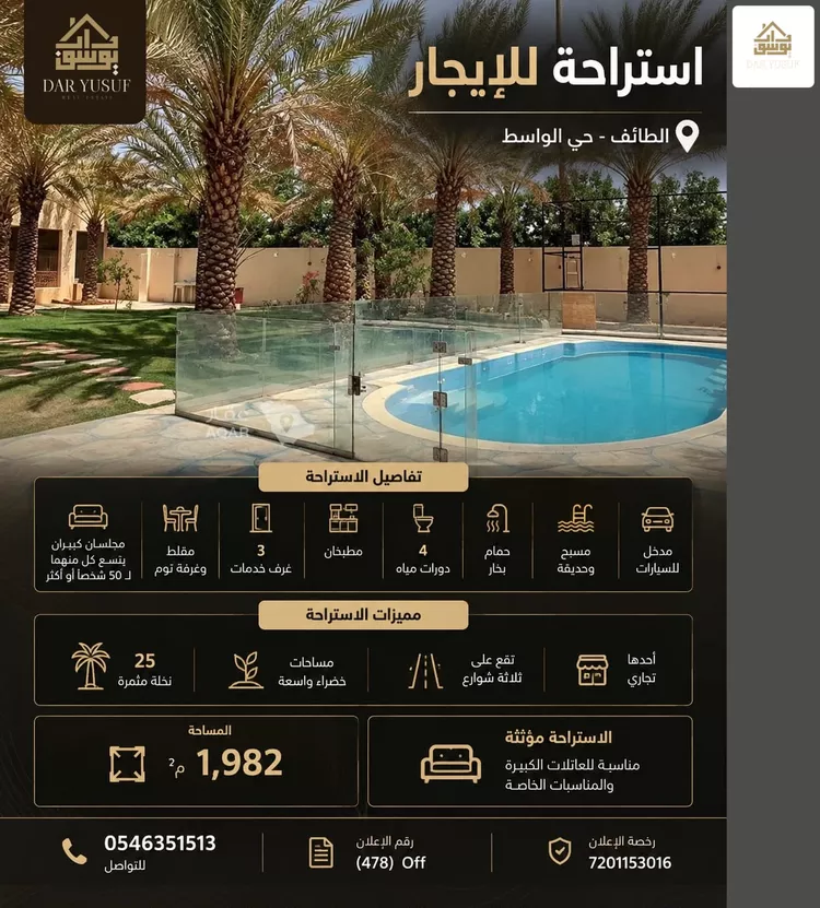استراحة للبيع في شارع معاويه بن هشام, حي الواسط, مدينة الطائف, منطقة مكة المكرمة