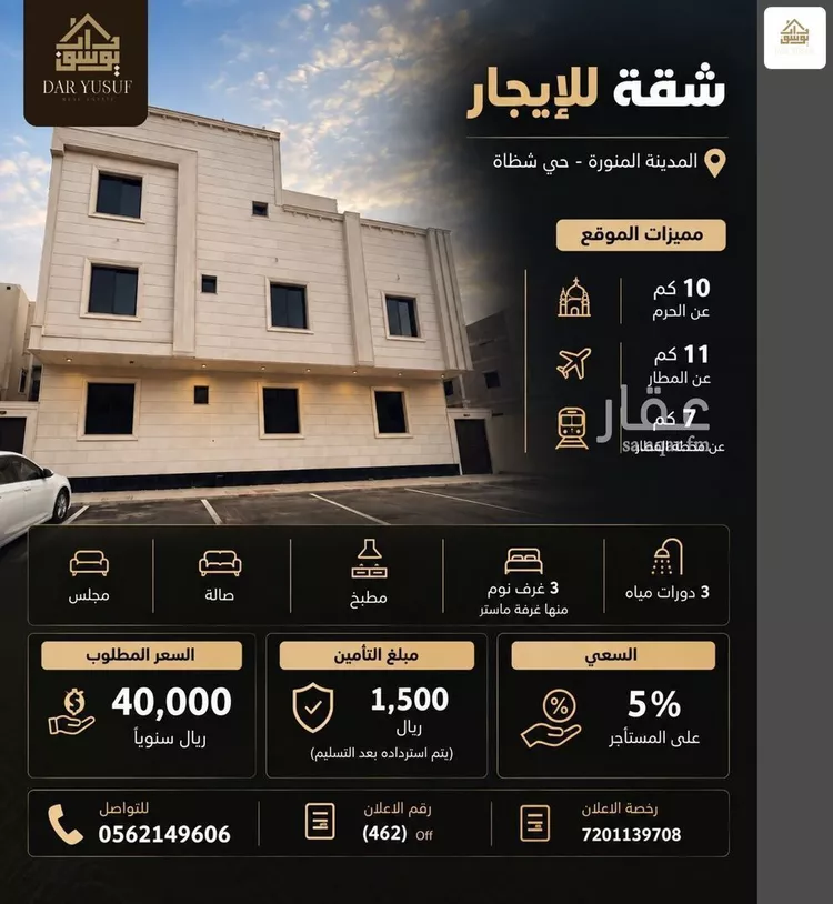 شقة للإيجار في شارع عبدالغنى الحرانى, حي شظاة, مدينة المدينة المنورة, منطقة المدينة المنورة 1 صورة
