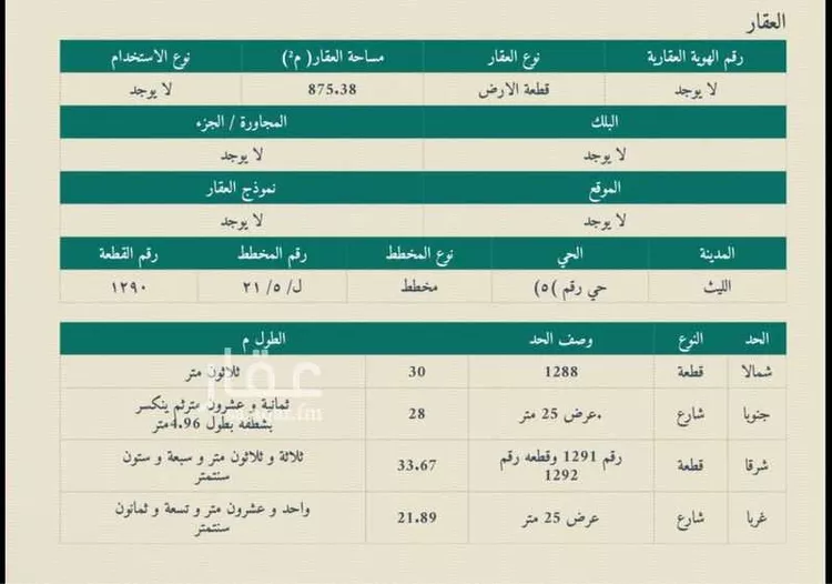 أرض للبيع في شارع عبدوس ابن مالك, حي (حي رقم (5, مدينة الليث, منطقة مكة المكرمة صورة 2