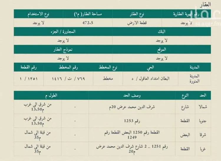 أرض للبيع في شارع شرف الدين محمد بن عبدالمؤمن, حي وادي البطان, مدينة المدينة المنورة, منطقة المدينة المنورة صورة 2