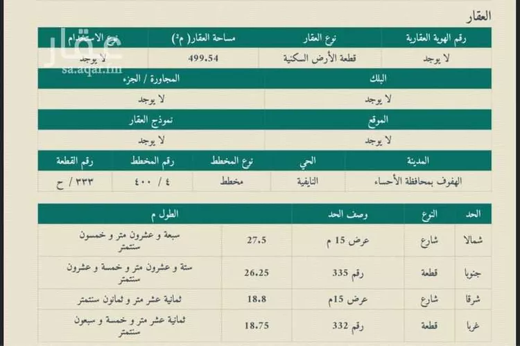 أرض للبيع في شارع عبد الله بن مصعب ، حي النايفية ، الهفوف‎ ، الاحساء صورة 3