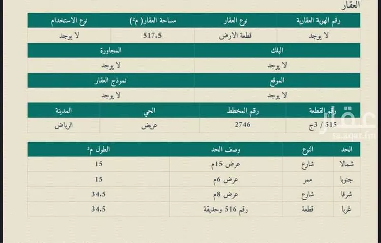 أرض للبيع في حي عريض, مدينة الرياض, منطقة الرياض صورة 2