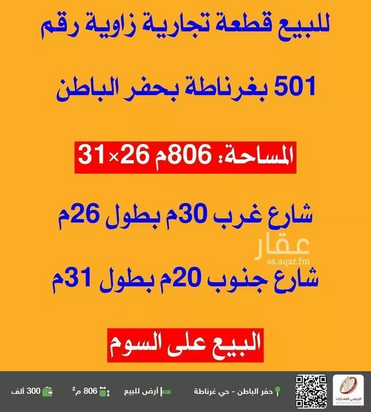 أرض للبيع في شارع الامام احمد بن حنبل, حي غرناطة, مدينة حفر الباطن, المنطقة الشرقية