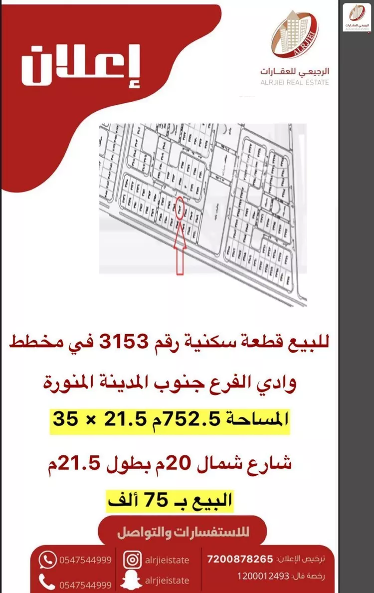 أرض للبيع في شارع لا يوجد اسم, حي مخطط وادي  الفرع, مدينة وادي  الفرع, منطقة المدينة المنورة