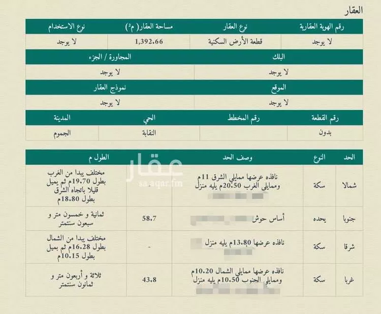 أرض للبيع في حي النقابة, مدينة الجموم, منطقة مكة المكرمة