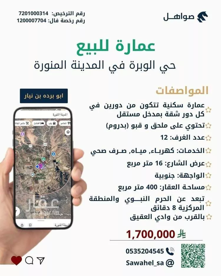 عمارة للبيع في شارع ابو برده بن نيار, حي حرة الوبرة, مدينة المدينة المنورة, منطقة المدينة المنورة