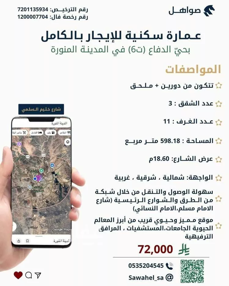 عمارة للإيجار في شارع خثيم السلمي, حي الدفاع, مدينة المدينة المنورة, منطقة المدينة المنورة