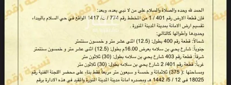 أرض للبيع في شارع يحيى بن سلامه, حي السلام, مدينة المدينه المنوره, منطقة المدينة المنورة