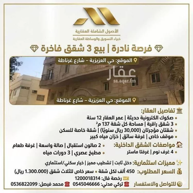 شقة للبيع في شارع الحواة, حي العزيزية, مدينة جدة, منطقة مكة المكرمة