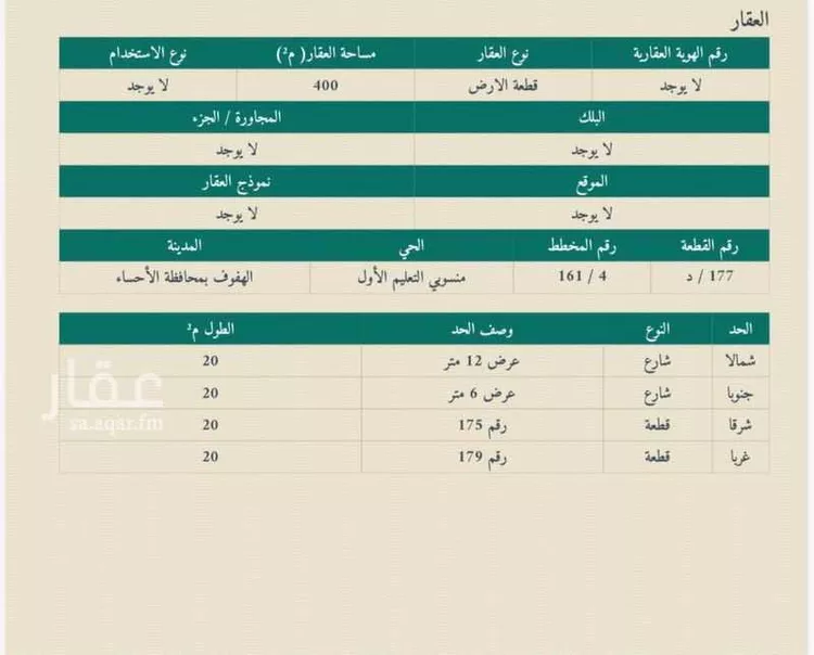 أرض للبيع في شارع اميمه بنت ابي الخيار ، حي منسوبي التعليم الأول ، الهفوف‎ ، الاحساء