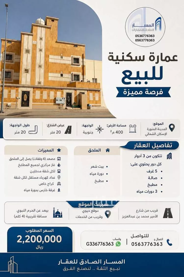 عمارة للبيع في شارع قبيصه ابن عقبة, حي الإسكان, مدينة المدينة المنورة, منطقة المدينة المنورة