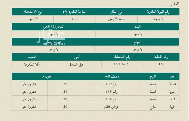 أرض للبيع في شارع المستنير الخزاعى رضى الله عنه, حي الأندلس, مدينة مكه المكرمه, منطقة مكة المكرمة صورة 2