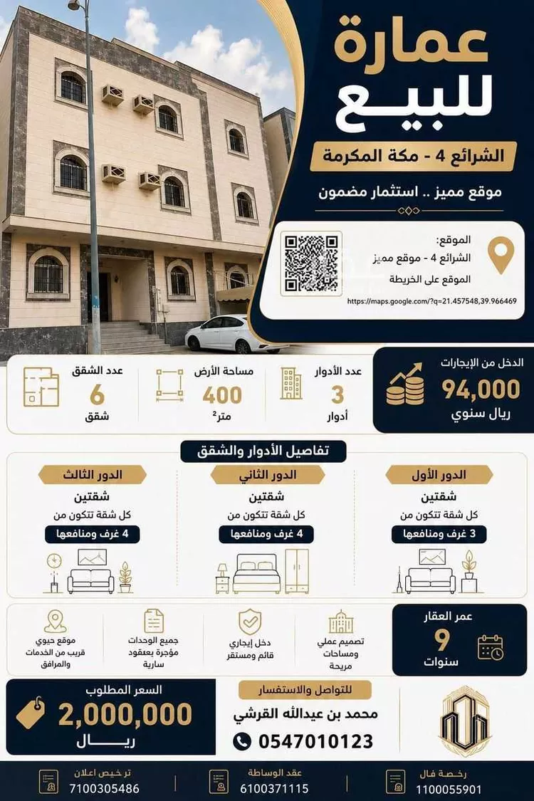 عمارة للبيع في شارع عقيل ابن مالك الحميري, حي الكوثر, مدينة مكة المكرمة, منطقة مكة المكرمة