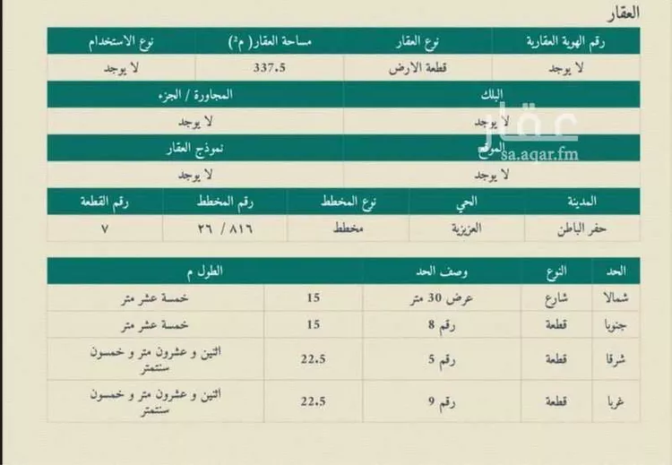 أرض للبيع في شارع صلاح الدين الايوبي ، حي العزيزية ، حفر الباطن ، حفر الباطن صورة 2