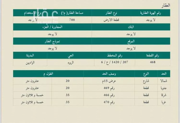 أرض للبيع في شارع 840419, حي العنود, مدينة احد رفيدة - الواديين, منطقة عسير