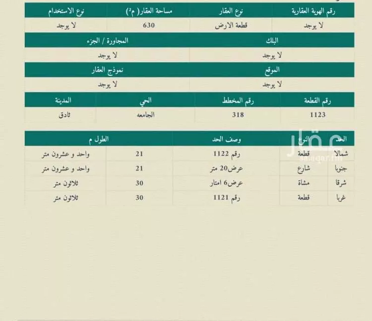 أرض للبيع في شارع الزبير بن موسي ، حي الجامعة ، ثادق‎ ، ثادق
