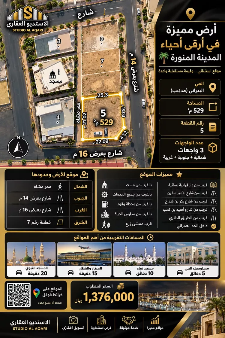 أرض للبيع في شارع هشام بن قتاده الرهاوي, حي وادي مذينب, مدينة المدينة المنورة, منطقة المدينة المنورة