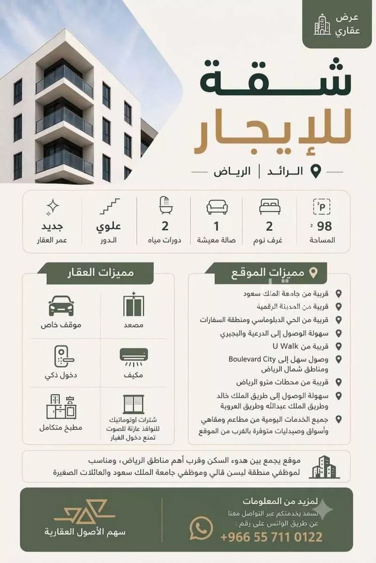شقة للإيجار في شارع عشيرة سدير, حي الرائد, مدينة الرياض, منطقة الرياض 2