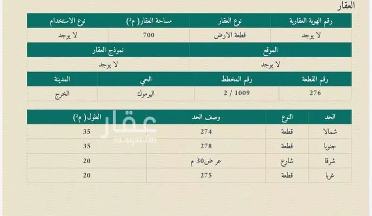 أرض للبيع في شارع تمام بن العباس بن عبد المطلب ، حي اليرموك ، الخرج ، الخرج