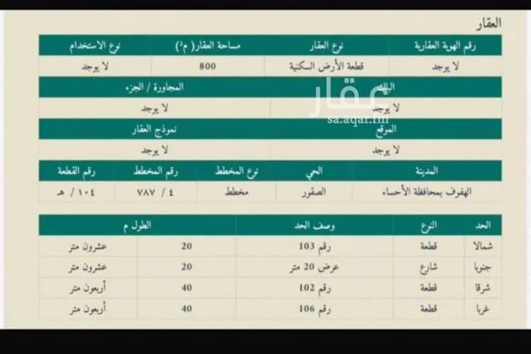 أرض للبيع في شارع الشيهان, حي الصقور, مدينة الاحساء, المنطقة الشرقية