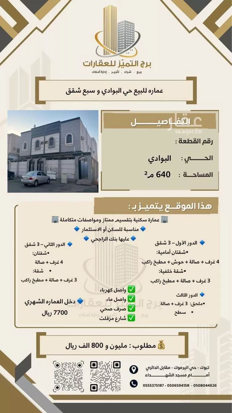 عمارة للبيع في شارع الفطانة, حي البوادي, مدينة تبوك, منطقة تبوك صورة 2