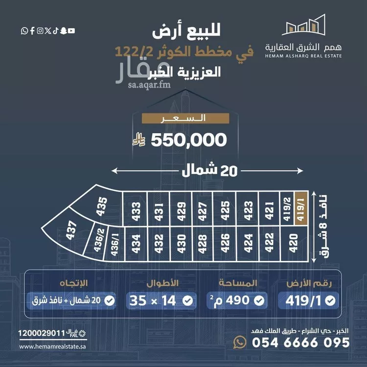 أرض للبيع في شارع نجم الدين الايوبي, حي الكوثر, مدينة الخبر, المنطقة الشرقية