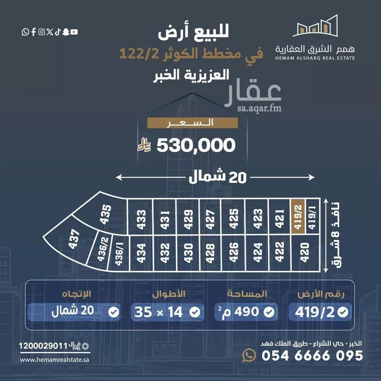 أرض للبيع في شارع نجم الدين الايوبي, حي الكوثر, مدينة الخبر, المنطقة الشرقية
