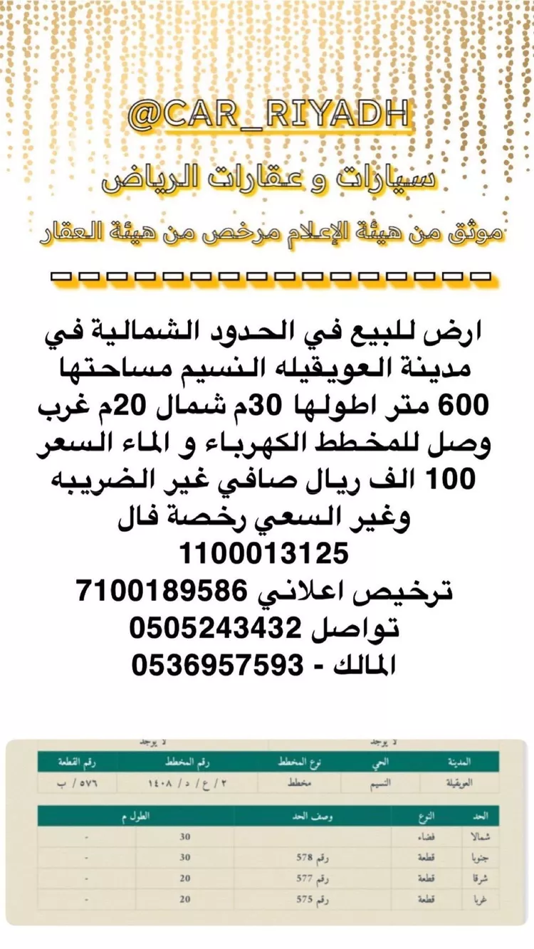 أرض للبيع في شارع مجمع الانصاري, حي النسيم, مدينة العويقيله, منطقة الحدود الشماليه صورة 3