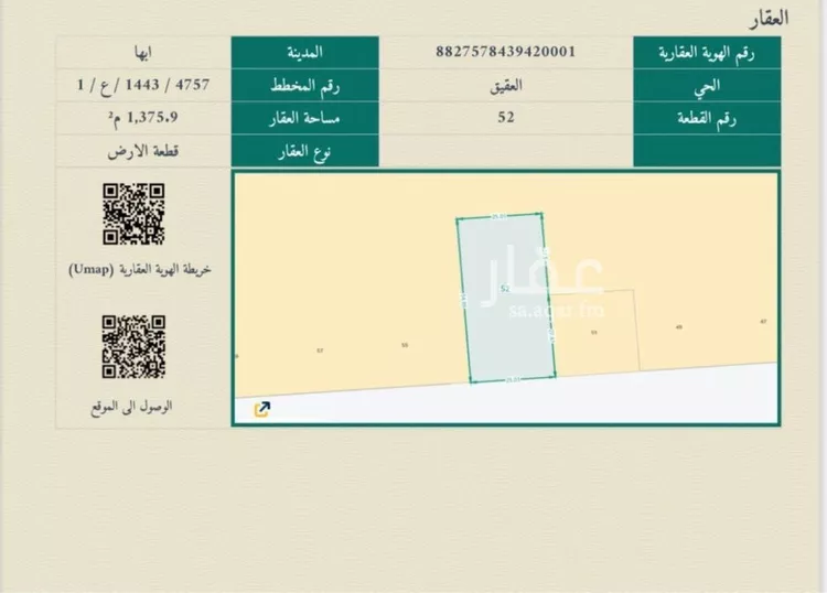 أرض للإيجار في حي العقيق, مدينة أبها, منطقة عسير