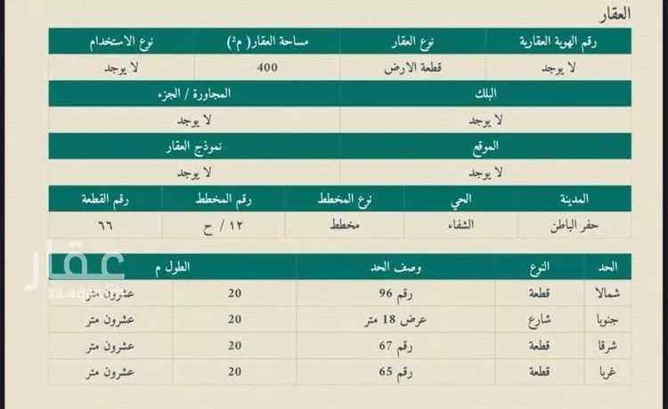 أرض للبيع في شارع الشفا 305 ، حي الشفاء ، حفر الباطن ، حفر الباطن صورة 2