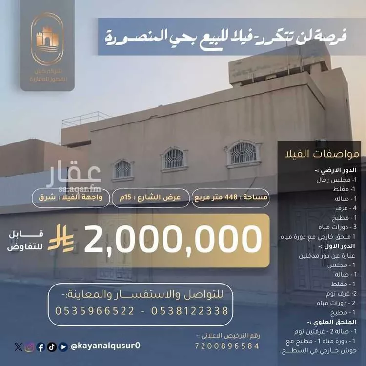 فيلا للبيع في شارع وادي المسيلة, حي المنصورة, مدينة الرياض, منطقة الرياض