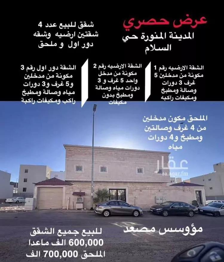 شقة للبيع في شارع بديل ابن كلثوم ، حي السلام ، المدينة المنورة ، منطقة المدينة المنورة