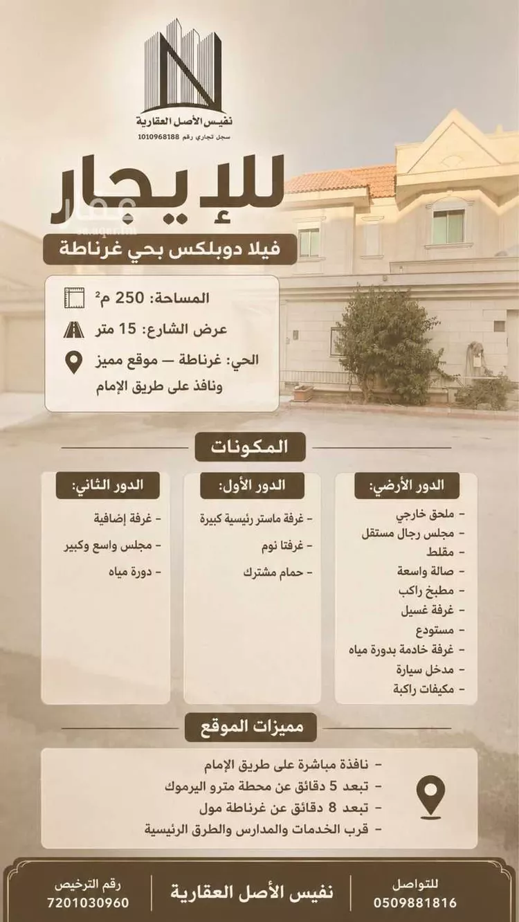 فيلا للإيجار في شارع وادي جليل, حي غرناطة, مدينة الرياض, منطقة الرياض