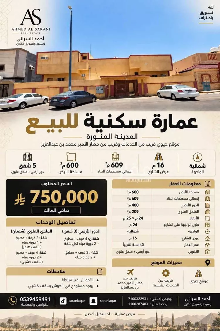 عمارة للبيع في شارع اسماعيل بن ابي اورس, حي المطار, مدينة المدينة المنورة, منطقة المدينة المنورة