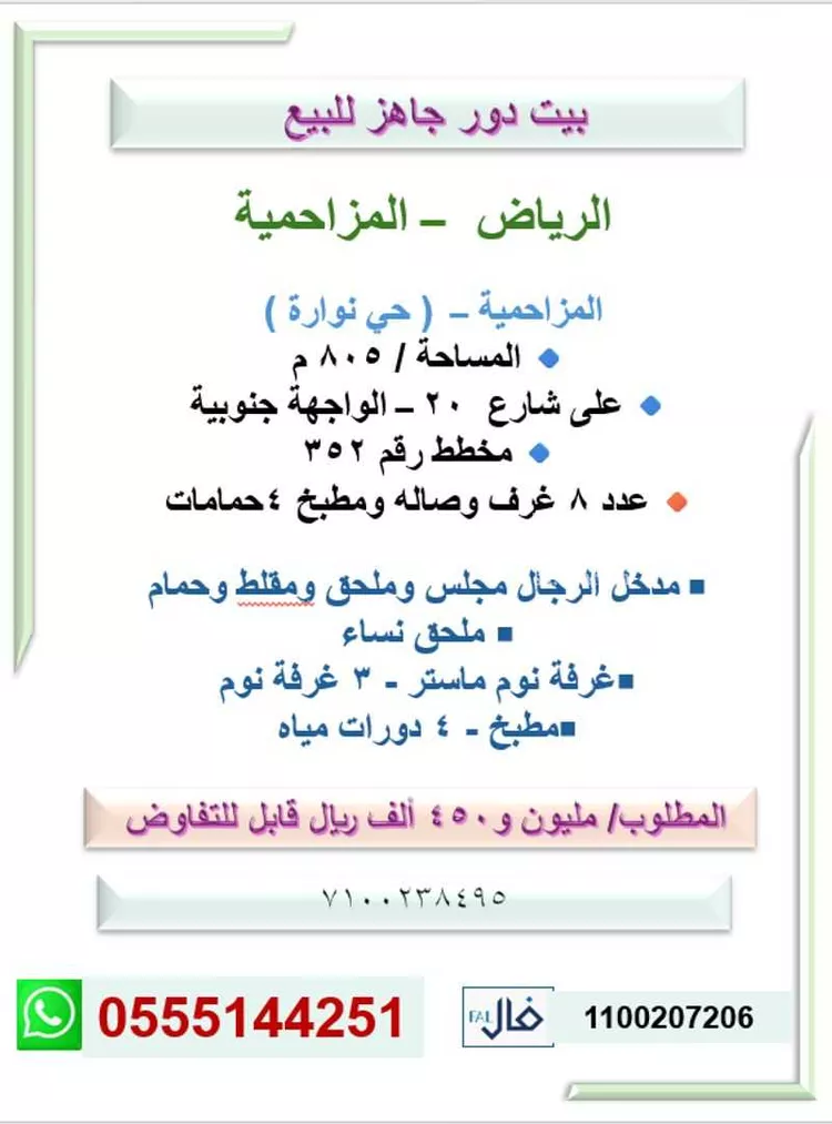 دور للبيع في شارع عثمان ابن مظعون, حي نوارة, مدينة المزاحمية, منطقة الرياض صورة 2