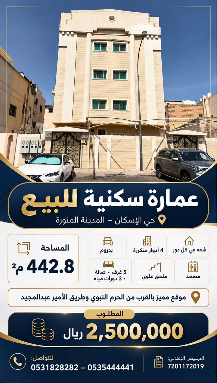 عمارة للبيع في شارع ابو بكر القفال, حي الإسكان, مدينة المدينة المنورة, منطقة المدينة المنورة