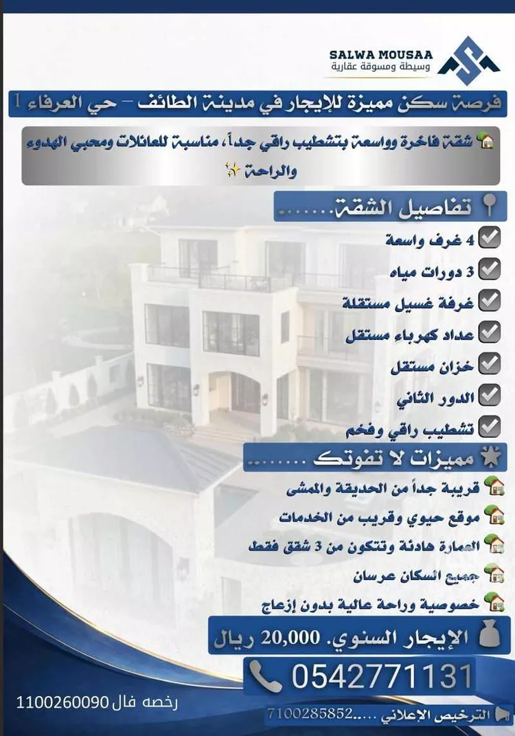 شقة للإيجار في شارع ثابت ابن مري, حي العرفاء الغربية, مدينة الطائف, منطقة مكة المكرمة