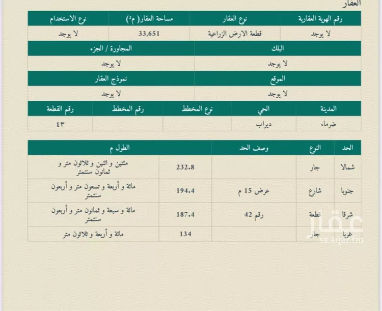 أرض للبيع في شارع الحكم الزرقي, مدينة قريه ديراب, منطقة الرياض صورة 2
