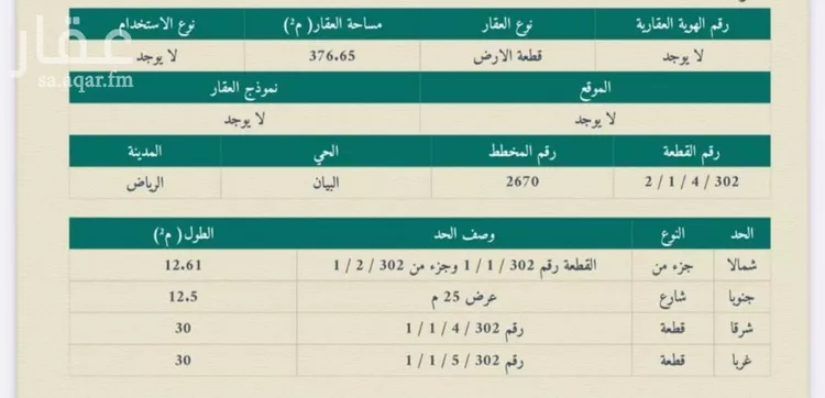 أرض للبيع في شارع احمد محمد جمال, حي البيان, مدينة الرياض, منطقة الرياض