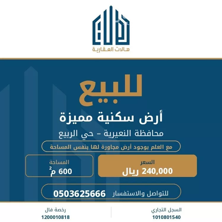 أرض للبيع في شارع المقداد بن عمرو, حي الربيع, مدينة النعيرية, المنطقة الشرقية