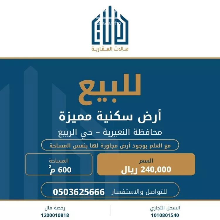 أرض للبيع في شارع المقداد بن عمرو, حي الربيع, مدينة النعيرية, المنطقة الشرقية