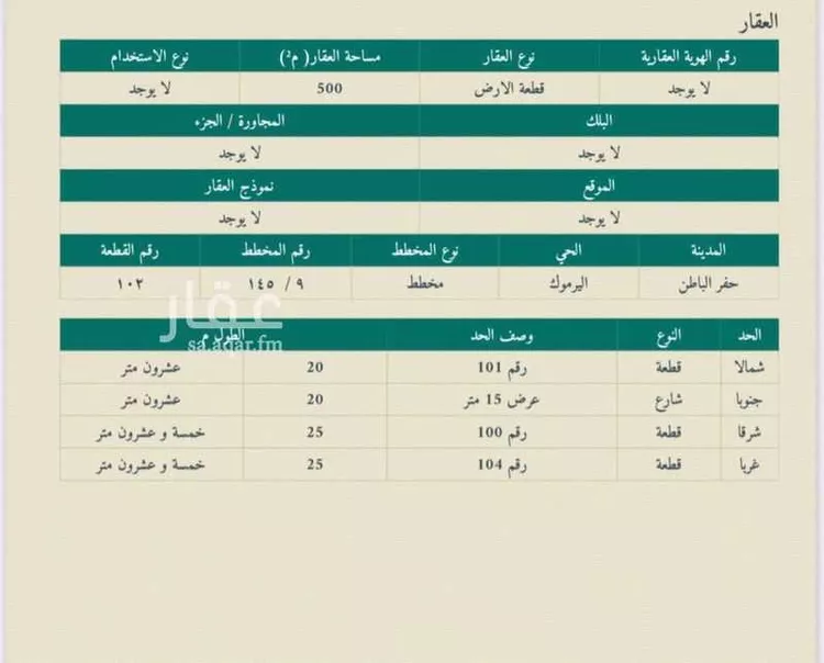 أرض للبيع في شارع اليرموك 101, حي اليرموك, مدينة حفر الباطن, المنطقة الشرقية