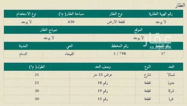 أرض للبيع في شارع الاردن ، حي الفيحاء ، الدمام ، الدمام