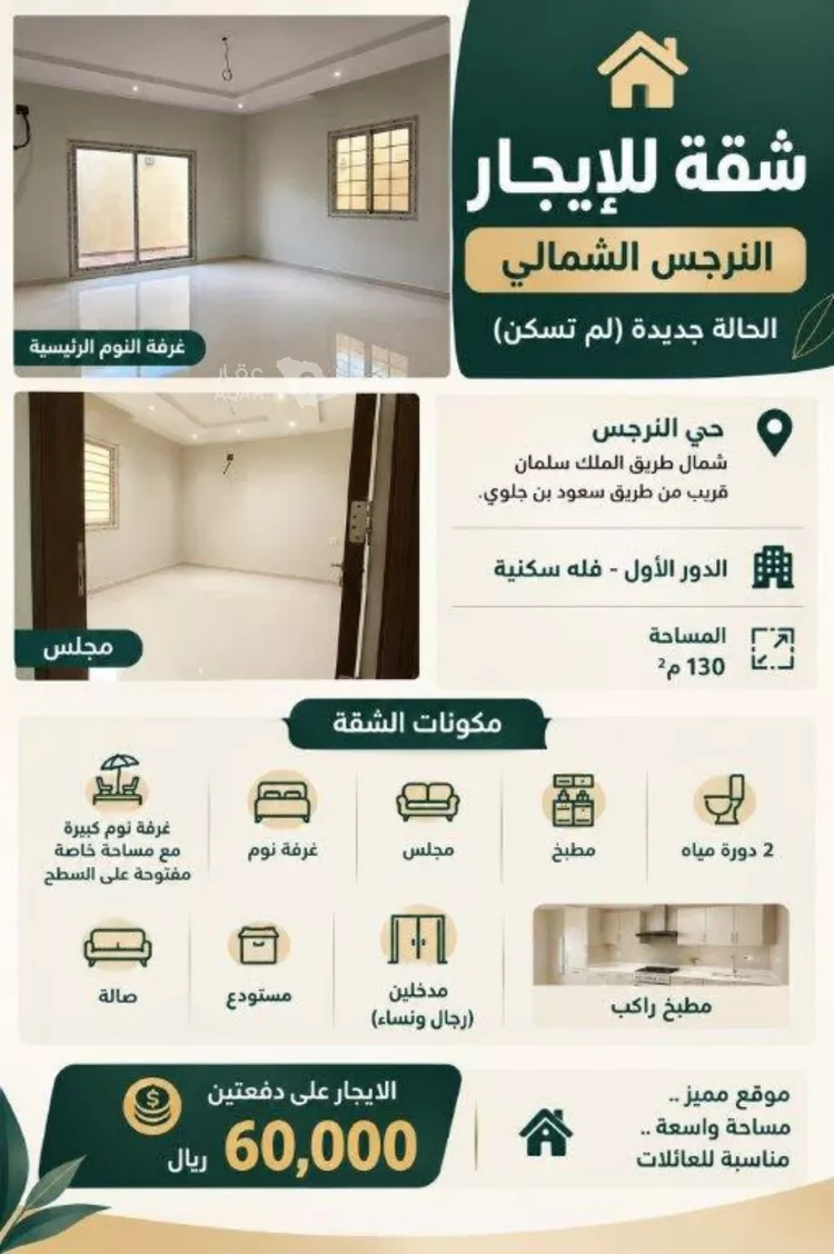 شقة للإيجار في شارع أبي عبيدة النابلسي, حي النرجس, مدينة الرياض, منطقة الرياض