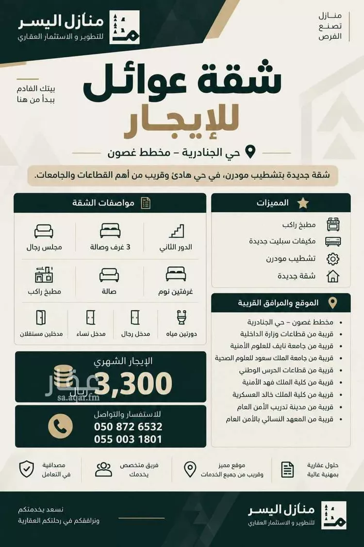 شقة للإيجار في حي الجنادرية, مدينة الرياض, منطقة الرياض