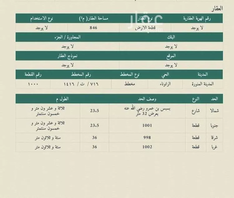 أرض للبيع في شارع بسبس ابن عمرو, حي الرانوناء, مدينة المدينه المنوره, منطقة المدينة المنورة صورة 2