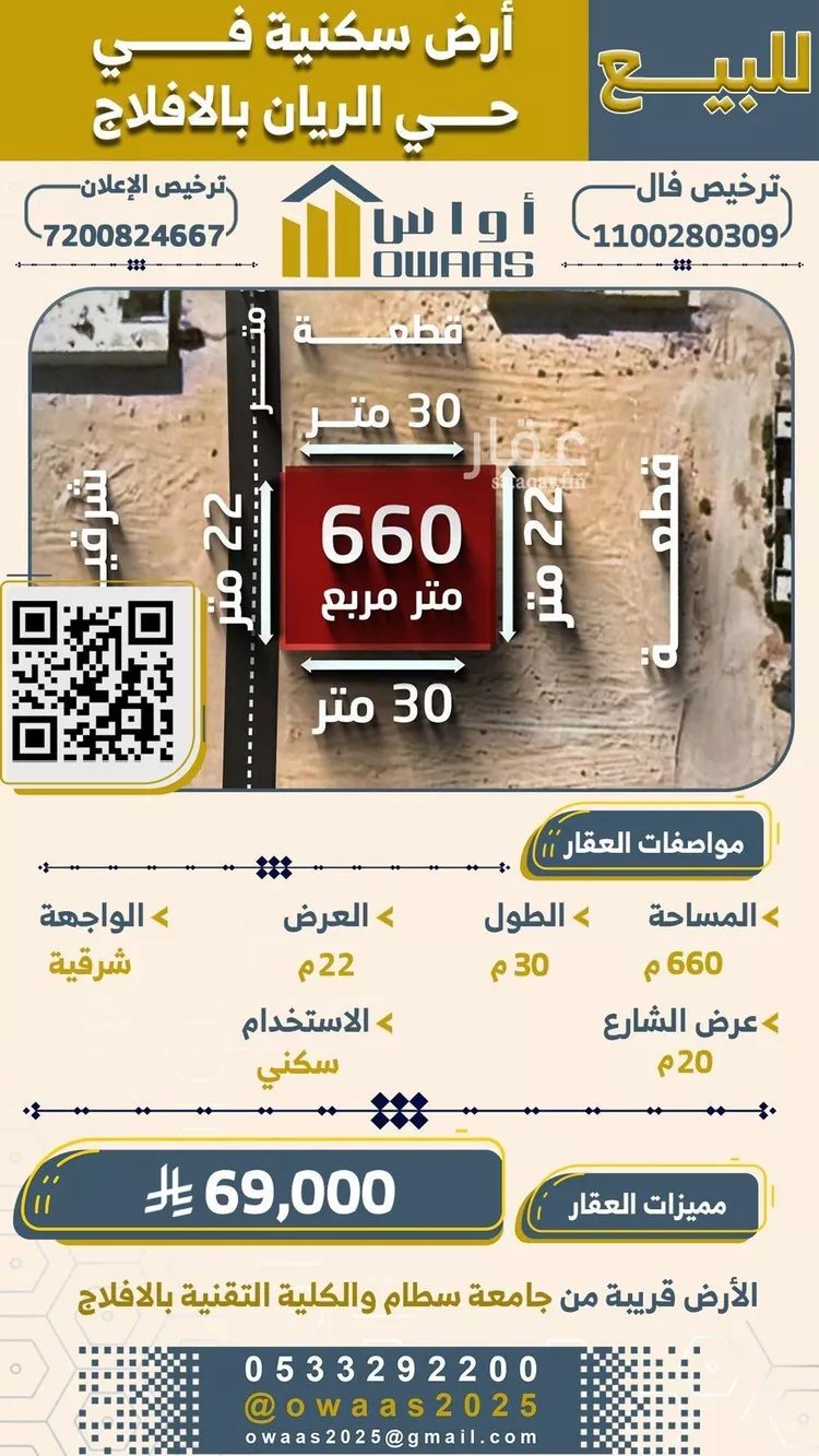 أرض للبيع في حي الأندلس, مدينة الأفلاج, منطقة الرياض