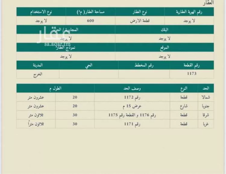 أرض للبيع في شارع أحمد بن يحيى بن عطوة ، حي الصفوة الأول ، الخرج ، الخرج